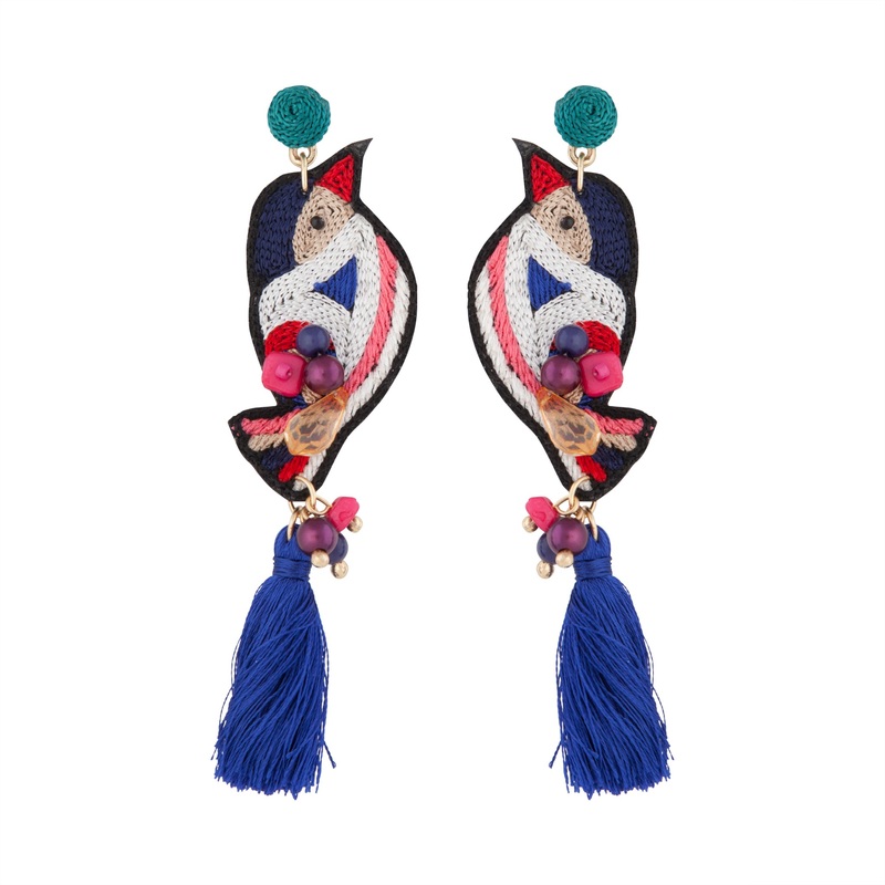 Embroidered Bird Tassel Earrings