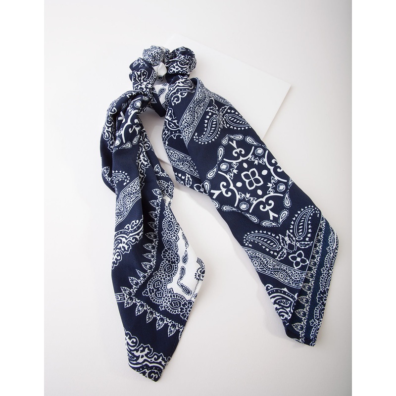 Navy White Paisley Bow Scrunchie