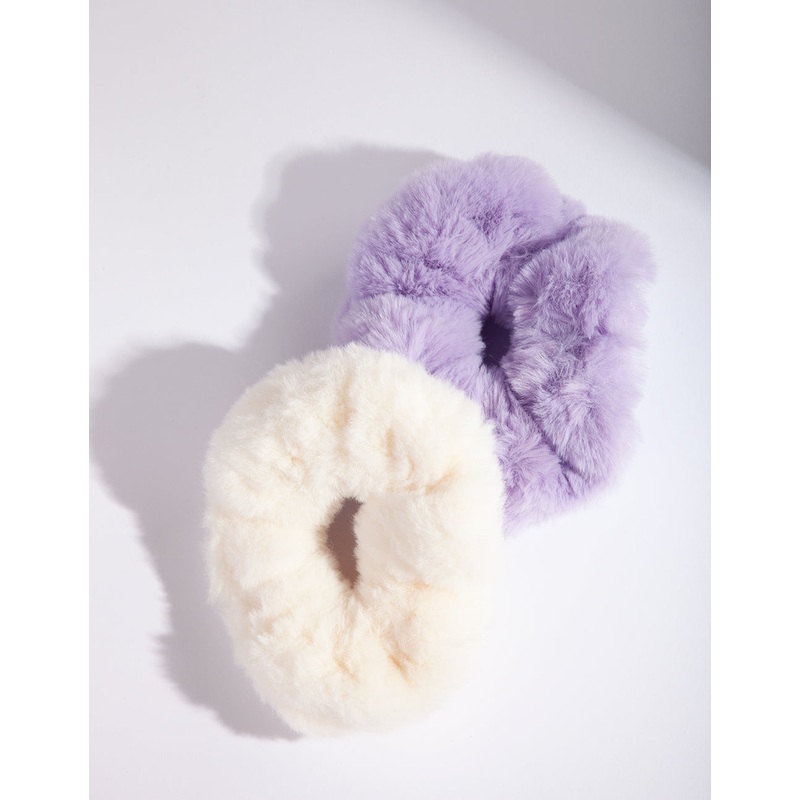 Purple White Faux Fur Scrunchie Pack