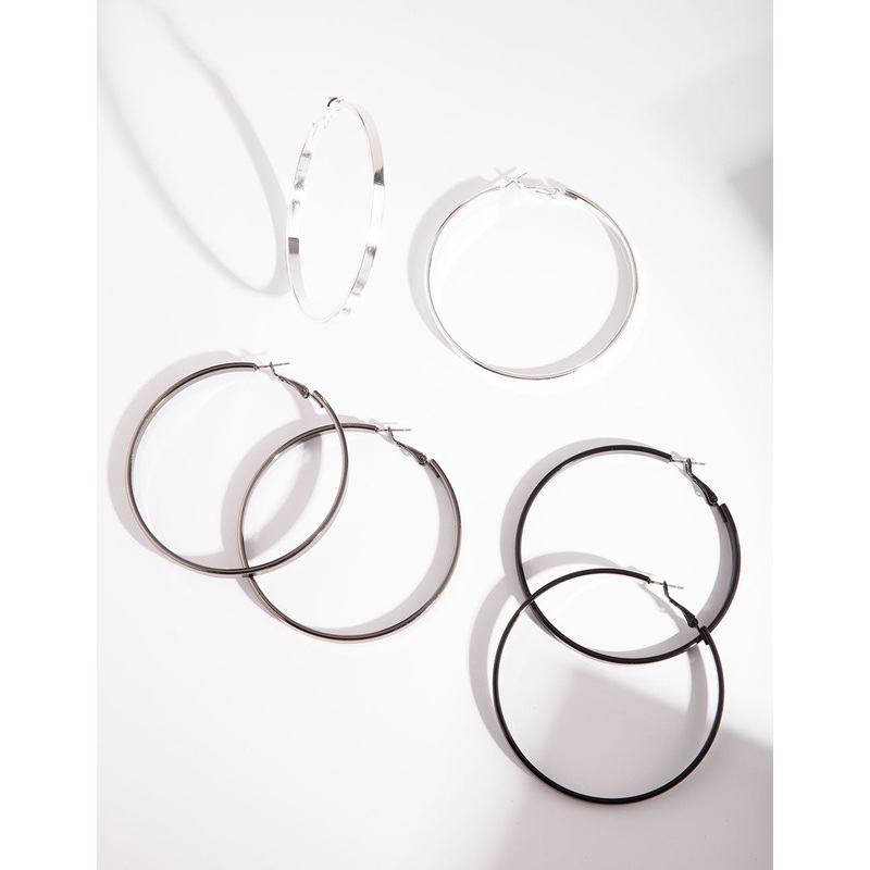 Silver Black Chunky Hoop Earring Pack