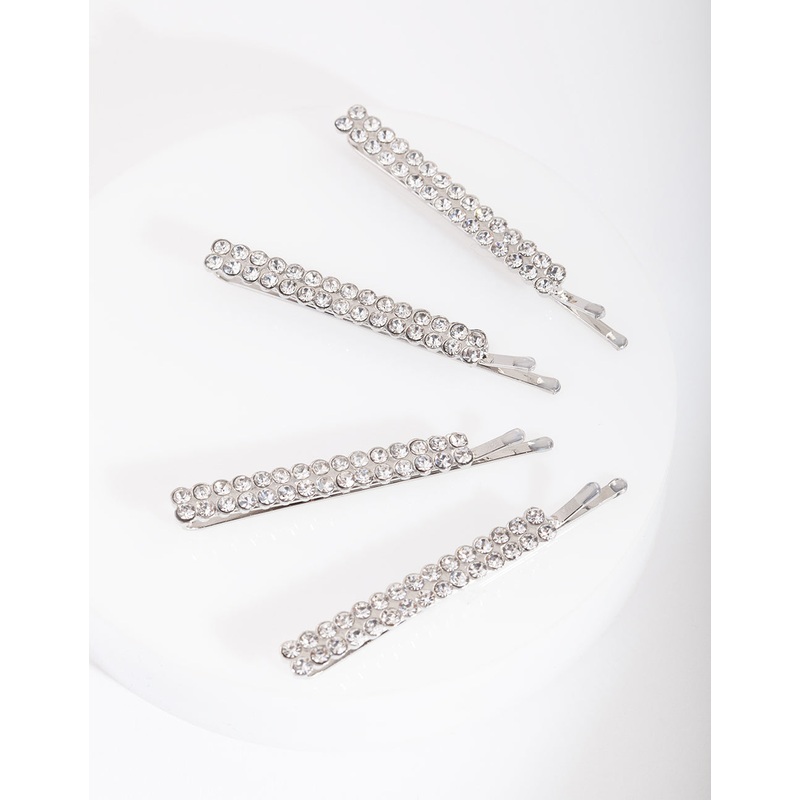 Silver Double Row Diamante Clip 4-Pack