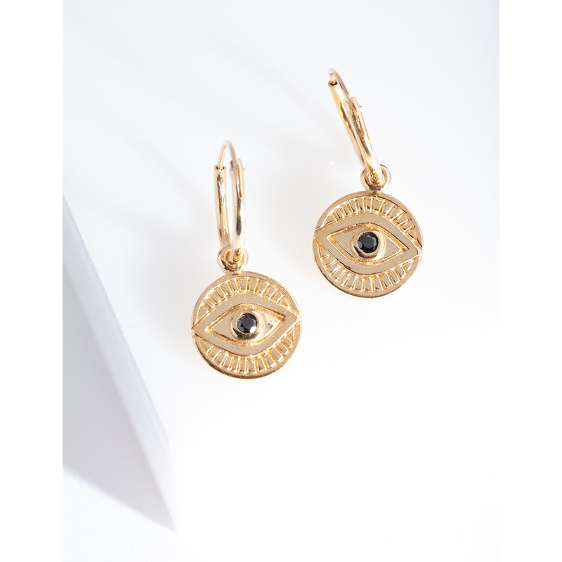Gold Plated Sterling Silver Evil Eye Charm Hoop Earrings