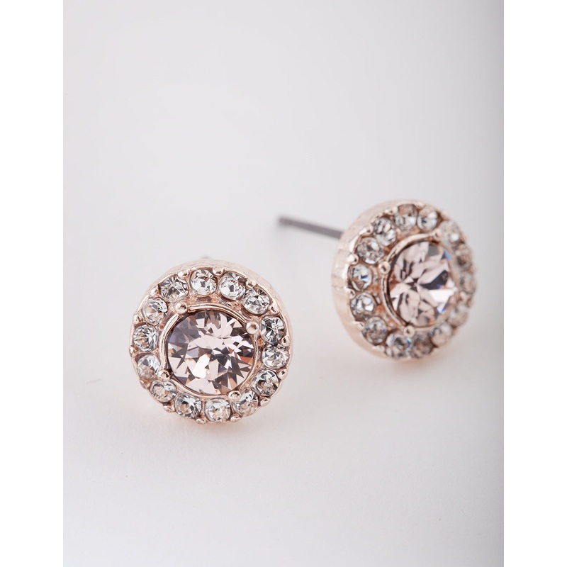 Rose Gold Pink Diamond Simulant Halo Stud Earrings