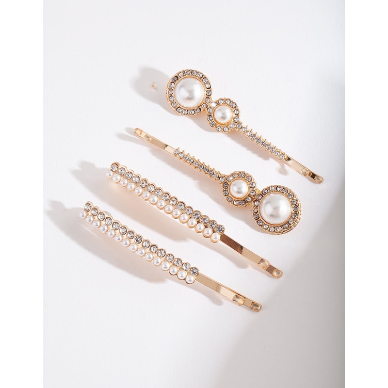 Gold Diamante Pearl Hair Clip 4-Pack