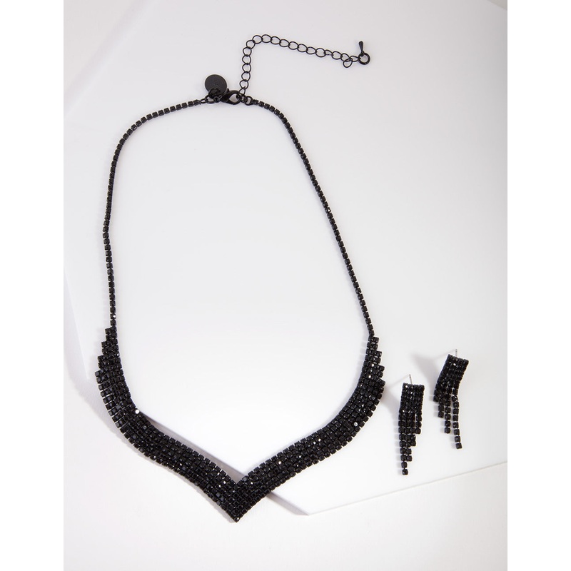 Black Diamante Earrings & Necklace Set