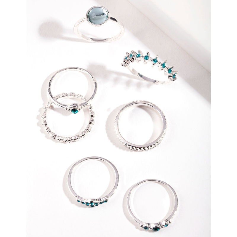 Silver Blue Feather Ring 8-Pack