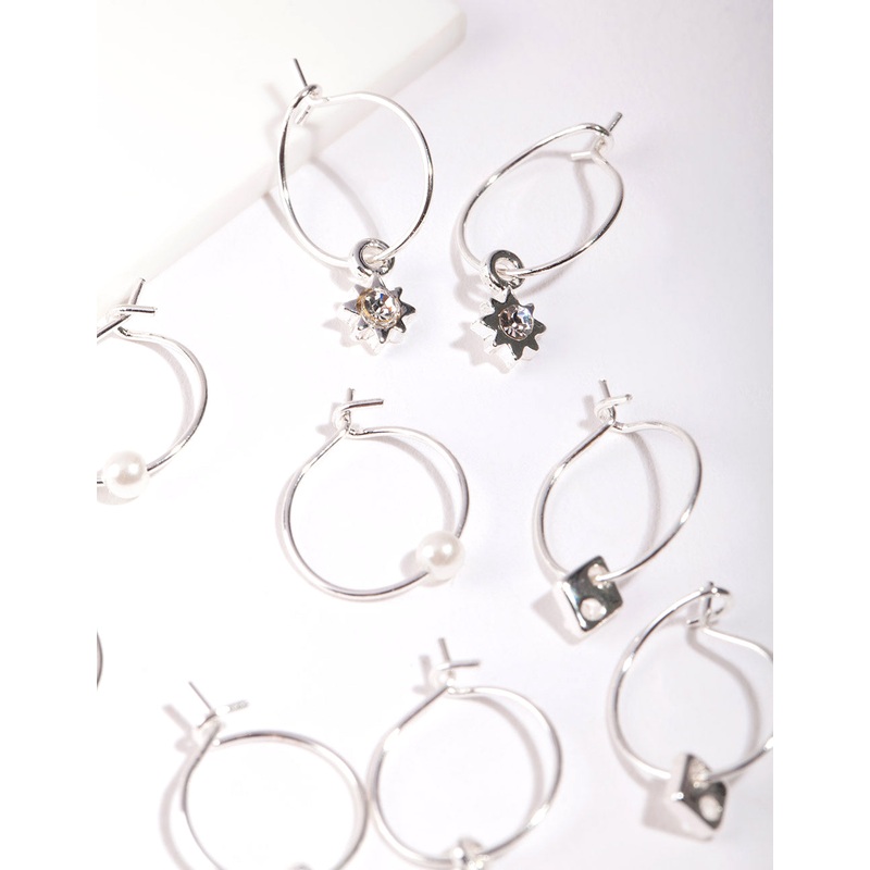 Silver Multi Hoop With Charm Earring 6-Pack