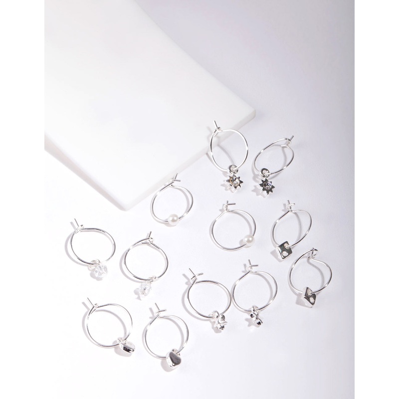 Silver Multi Hoop With Charm Earring 6-Pack