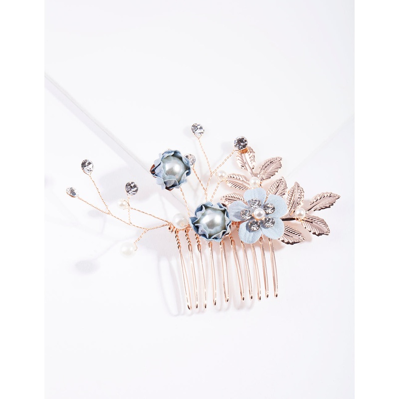 Blue Rose Gold Fabric Flower Comb