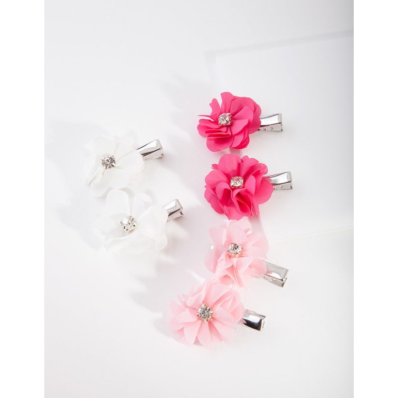 Kids Fabric Diamante Flower Pink Clip 6-Pack