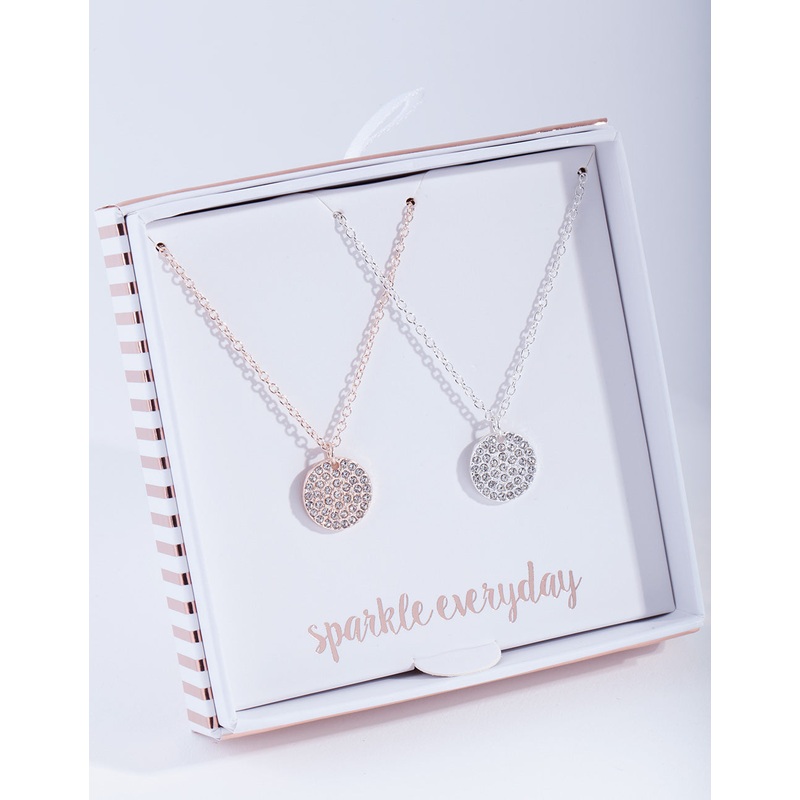 Mixed Metal Pave Disc Necklace Gift Box