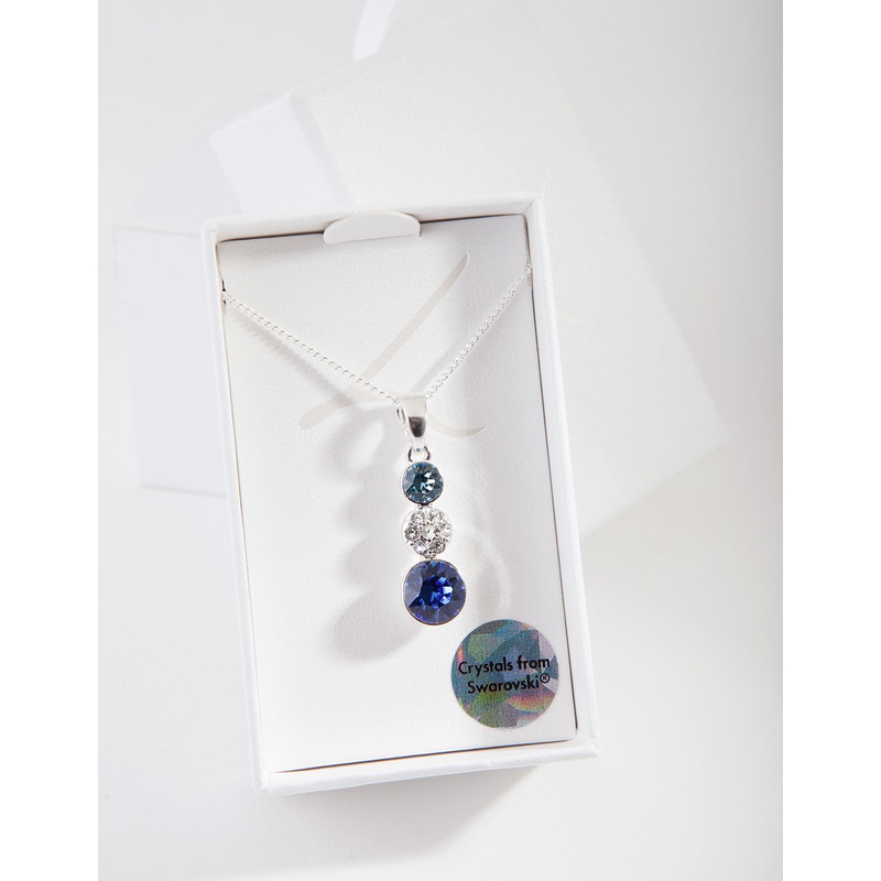 Silver Diamond Simulant Blue Graduating Crystal Pendant Necklace