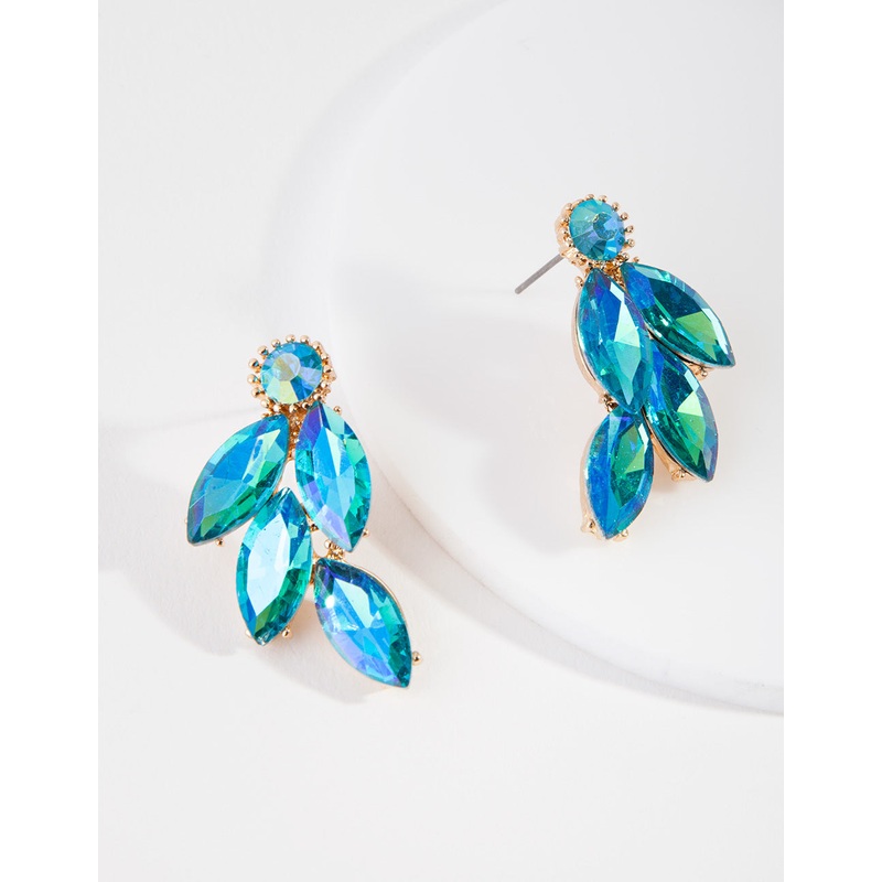 Gunmetal Blue Diamante Leaf Stud Earrings