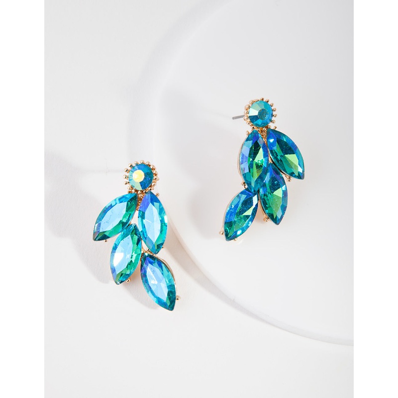 Gunmetal Blue Diamante Leaf Stud Earrings