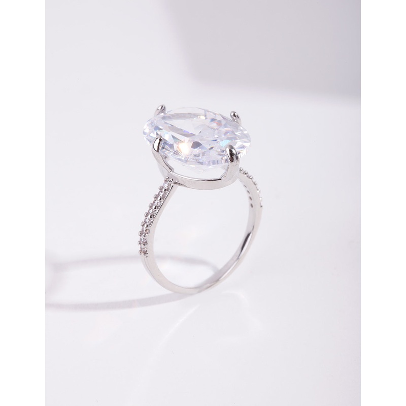 Rhodium Cubic Zirconia Oval Stone Ring