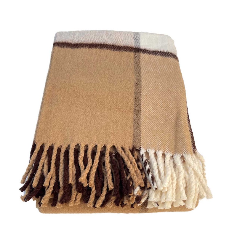 Woolen Throw Blanket Large Brown Block Check 220 x 145 cm