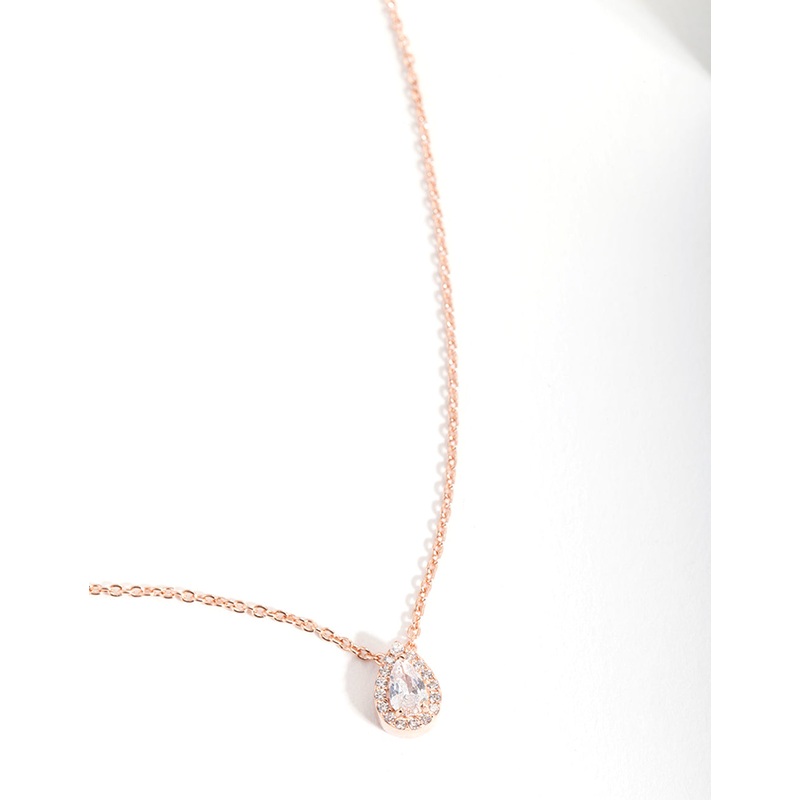 Rose Gold Plated Sterling Silver Cubic Zirconia Pear Halo Necklace
