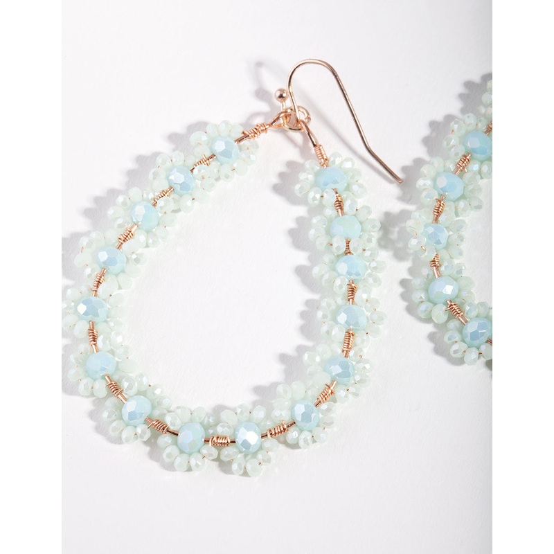 Gold Blue Delicate Flower Teardrop Hoop Earrings