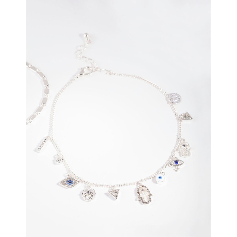 Silver Evil Eye Charm Anklet Set
