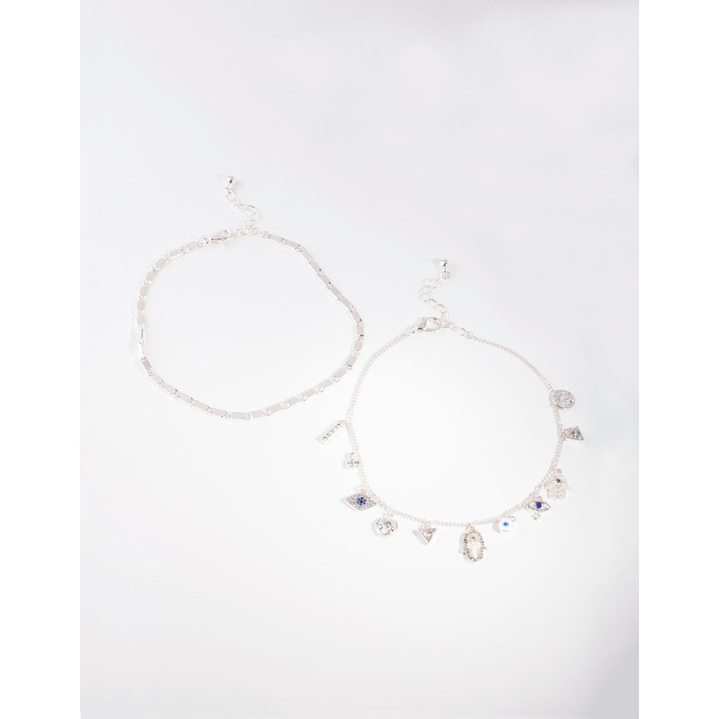 Silver Evil Eye Charm Anklet Set