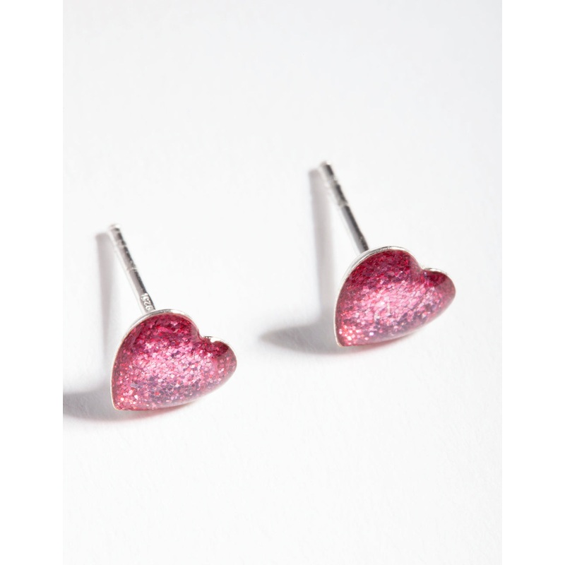 Sterling Silver Epoxy Heart Stud Earrings