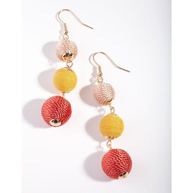 Gold 3 Graduating Tread Bead Drop Earrings