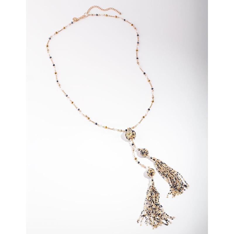 Gold Bugle Bead Tassel Necklace