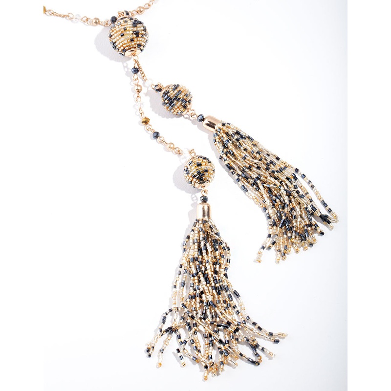 Gold Bugle Bead Tassel Necklace