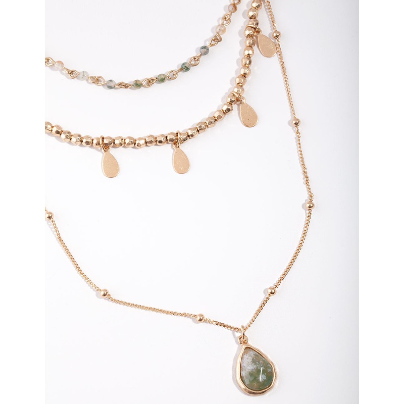 Gold Green Stone Mix Bead 3 Layer Necklace