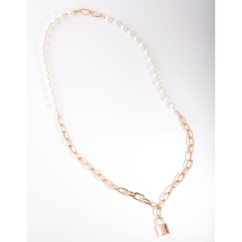 Gold Link & Pearl Padlock Necklace