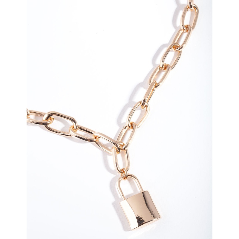 Gold Link & Pearl Padlock Necklace