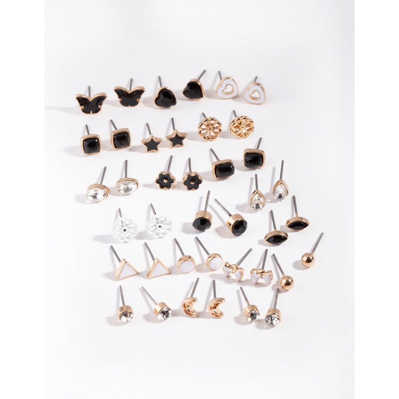 Gold & Dark Feminine Stud Earring 16-Pack