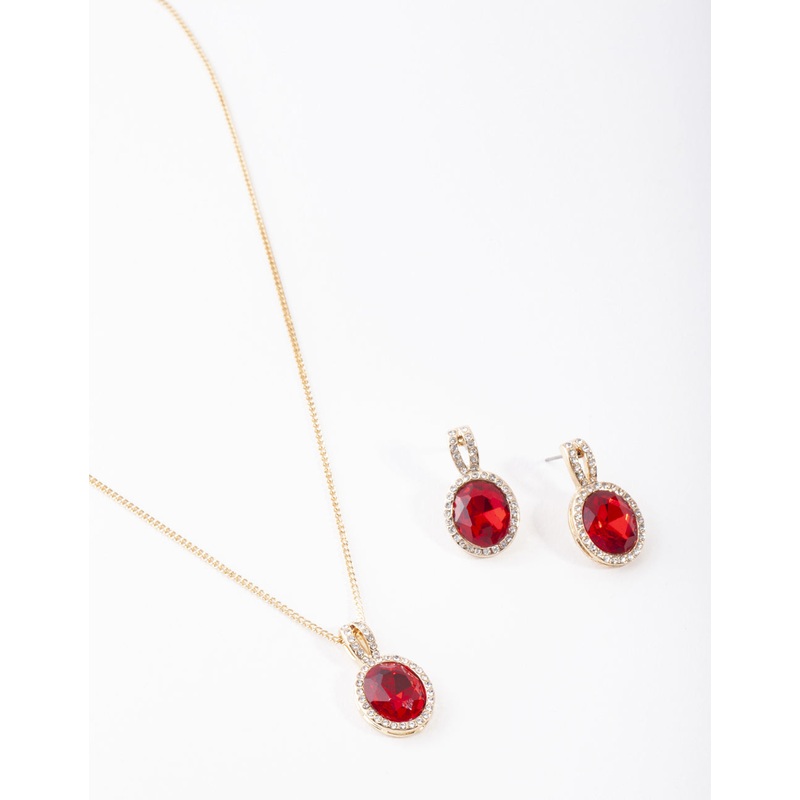 Gold Red Halo Necklace & Earrings Set