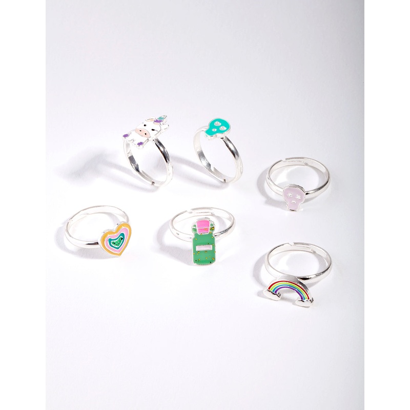 Kids Silver Skull & Cow Rainbow Ring 6-Pack
