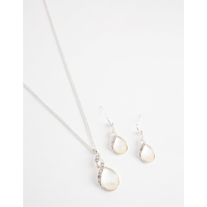 Silver Teardrop Cat Eye Necklace & Earrings Set