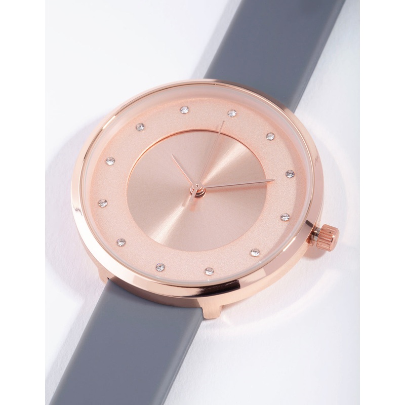 Rose Gold Diamante Sunray Silicon Buckle Watch