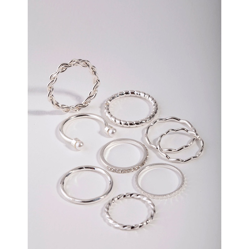 Silver Wave & Pearl Midi 9-Pack Rings