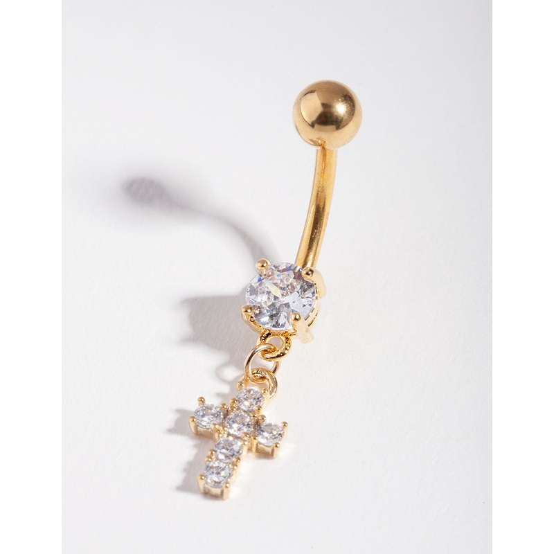 Gold Surgical Steel Cubic Zirconia Cross Dangle Bellybutton