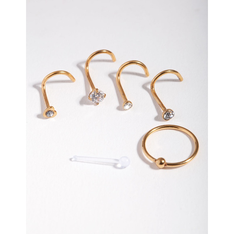 Gold Surgical Steel Diamante Nose 6-Pack