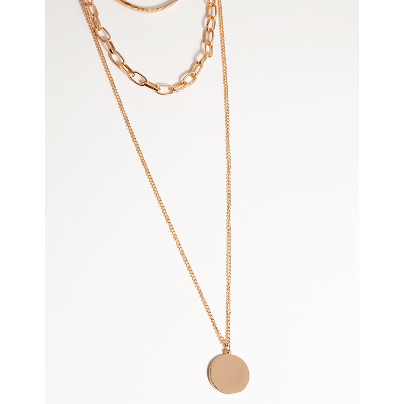 Gold Long Circle Disk 3-Row Necklace