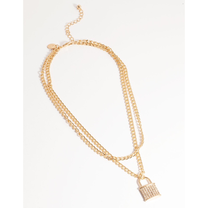 Gold Multi-Row Diamante Padlock Necklace