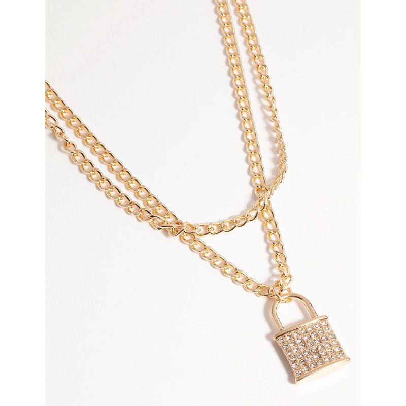 Gold Multi-Row Diamante Padlock Necklace
