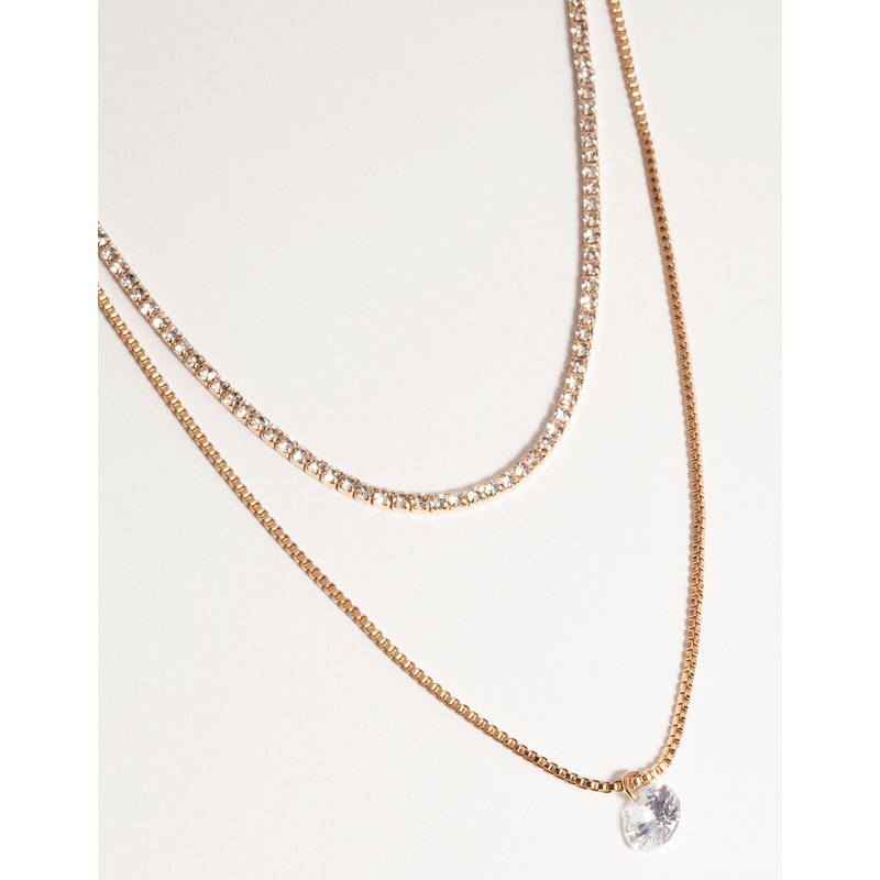Gold Short 2-Row Cupchain Diamante Necklace
