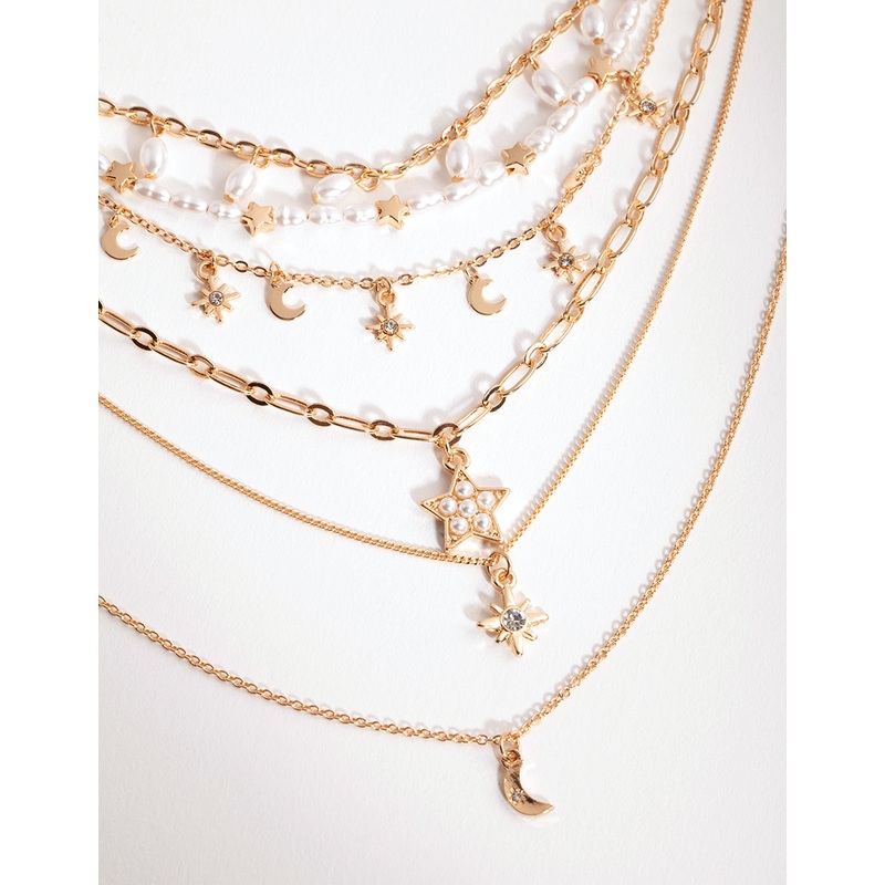 Gold Pearl Drop Celestial 5-Row Necklace