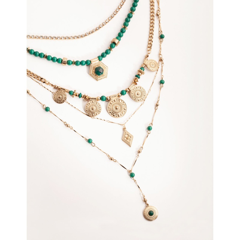 Midnight Antique Gold Pendant Bead 6-Row Necklace