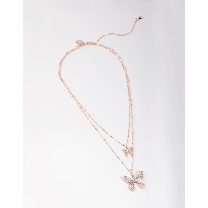 Rose Gold Pave Butterfly 2-Row Necklace
