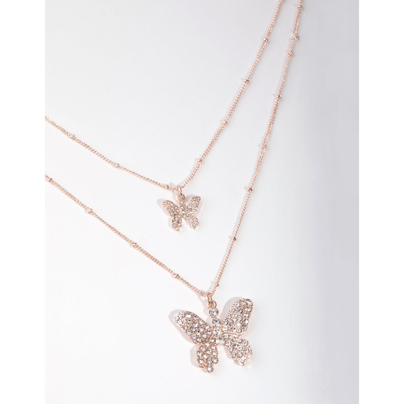 Rose Gold Pave Butterfly 2-Row Necklace