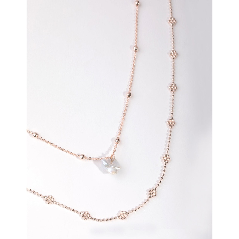 Rose Gold Plated Mini Flower Ball & Pearl Drop Necklace
