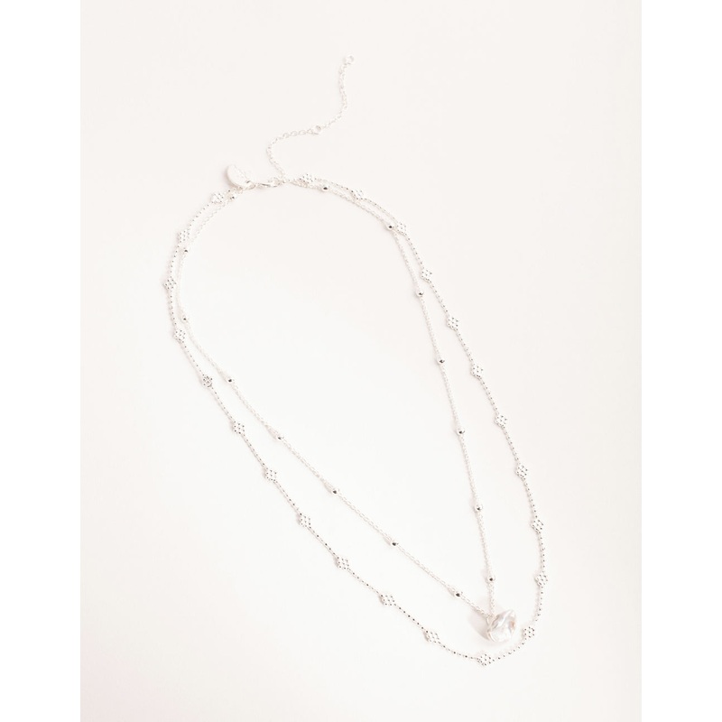 Silver Plated Mini Flower Ball & Pearl Drop Necklace