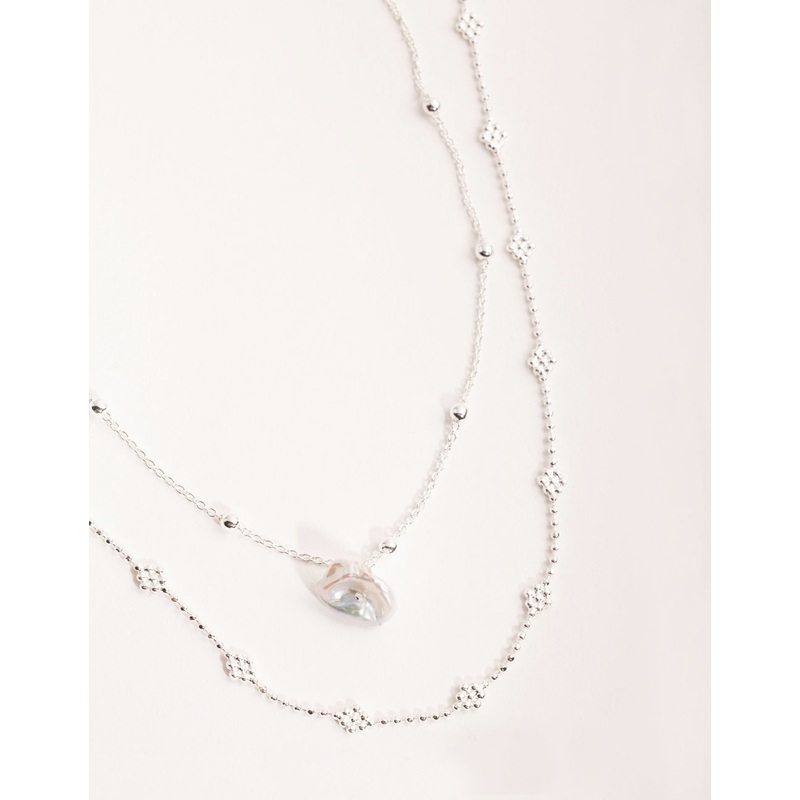 Silver Plated Mini Flower Ball & Pearl Drop Necklace